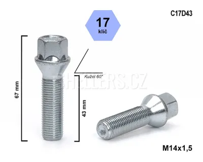 Obrázok produktu pre Skrutka kolesa M14x1,5x43 s kužeľom, kľúč 17, C17D43, výška 67