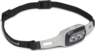 Stirnlampe "Deploy Run Light" von Black Diamond mit drei LED-Lichtern und verstellbarem Kopfband.