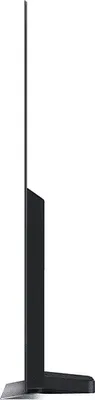 Side view of a modern flat-screen television on its stand.