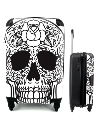 Produktbild von MuchoWow® Koffer Handgepäck Trolley Rollkoffer Kleine Reisekoffer mit 4 Rollen - Eine schwarz-weiße Illustration eines Dias De Los Muertos-Schädels - Cabin Size < 55x40x23 cm & 55x40x20 cm - Fotokoffer - Kabinenkoffer - Boardgepäck - Reise-Box - Reisekoffer - Reisegepäck - Koffer mit Bild - Trolley für Kinder
