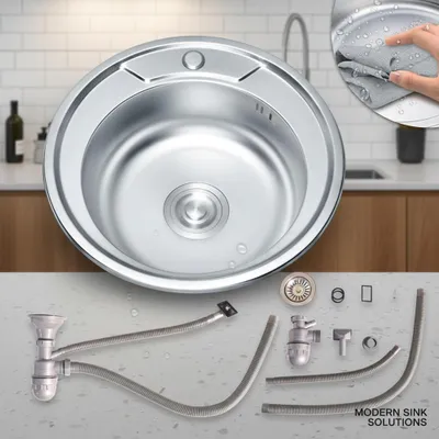 Produktbild von Runde Einbauspüle Edelstahl 50 cm mit Ablage, Siphon & Ablaufgarnitur