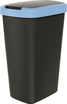 A black trash can with a light blue lid and rim, shown against a white background.