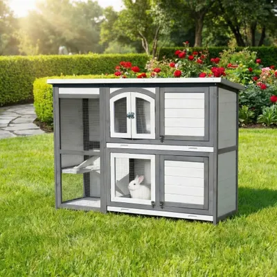 Produktbild von MyAnimal Hasenstall MH-02 | Hasenkäfig Zweistöckig - Kaninchenstall - 4 Türen - Kleintier Stall - Kaninchen - Hasen - Dach zum Öffnen (Grau/Weiß)