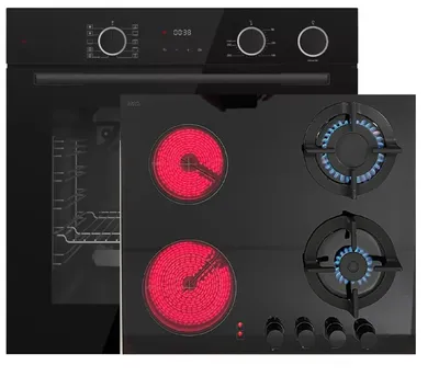 Produktbild von Böhme Herdsets HB60F78DL Schwarz Glas mit Heißluft AirFry sowie Dampfunterstützung + Gasline Hybrid Kombi Glas Gas Elektro 60cm Kochfeld Erdgas/LPG
