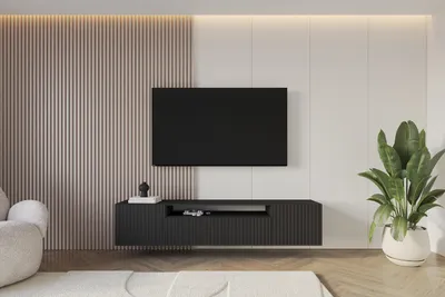 Produktbild von ALTDECOR TV-Schrank KITO-W mit Gefrästen Fronten 200x40x41 Lowboard hängend, TV Möbel, TV Cabinet, Fernsehtisch, Fernsehschrank, TV Kommode, TV Tisch, TV Sideboard, TV Board - Schwarz