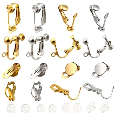 Image de Clips d'oreilles sans perçage - En acier inoxydable - Lot pour la fabrication de bijoux - Dorés et argentés - 32 pièces