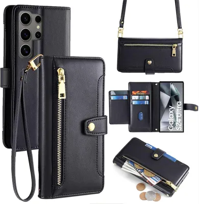Produktbild von Handykette Samsung Hülle mit Band Handyhülle Kartenfächer Kunstleder Umhängetasche Galaxy S24 Ultra Schwarz