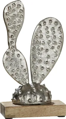 Productafbeelding van Gilde-vijgenkaktoeplant op houten voet, zilverkleurig, voet van mangohout. Lengte: 12,5 cm, breedte: 8,0 cm, hoogte: 24,0 cm. Artikelnummer: 48835