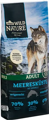 A bag of dog food with a wolf image on it.