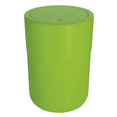 A green trash can with a swing lid.