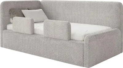Produktbild von Selsey Fanko – Kinderbett 90x200 cm mit Rausfallschutz, Matratze, Kopfteil links, Plüsch, Greige