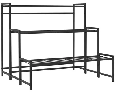Produktbild von Blumentopfständer, 3-stufiger Pflanzenständer in Treppenform, Blumentopfgestell für drinnen und draußen, Metall, Schwarz