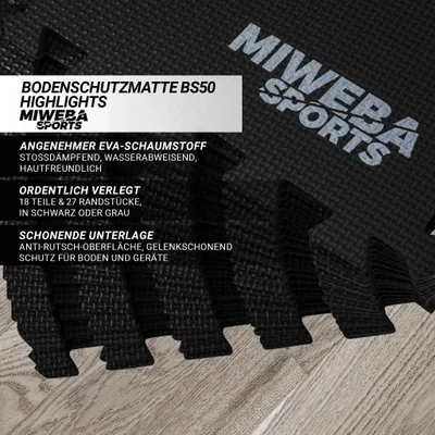 Produktbild von Bodenschutzmatte BS50 | Unterlegmatte für Fitnessgeräte, Fitnessmatte, Puzzlematte, Rutschfest, EVA-Schaumstoff, Set 18 Stück 34 x 34 cm (Schwarz)