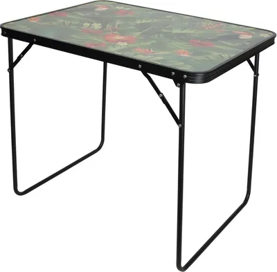 A folding table with a floral pattern on its surface and black metal legs, isolated on a white background.