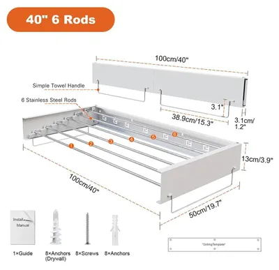 Immagine prodotto di Asciugatrice da parete pieghevole - Asciugatrice estensibile da parete - 100 cm, alluminio - 6 stendibiancheria - Ideale per bagno, lavanderia, balcone