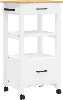 A white kitchen cart with a wooden top and black handles and wheels, shown against a white background.