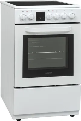 A white electric freestanding cooker with a glass ceramic hob, oven, and storage drawer.