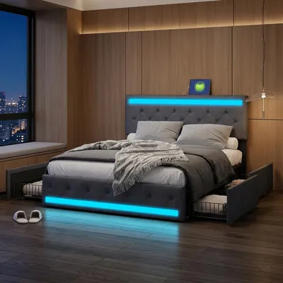 Obrázek produktu pro ProximaX Moderní manželská postel 180 x 200 cm, šedá plátěná, čalouněná postel s RGB LED, úložný prostor (4 zásuvky) a USB/Type-C
