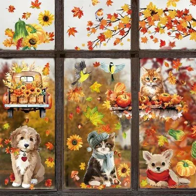 Produktbild von Unyqoos® Wiederverwendbare Herbst-Fensteraufkleber, 93 Motive – PVC-Fenstersticker mit Kürbissen, Ahornblättern & Tieren, doppelseitig bedruckt