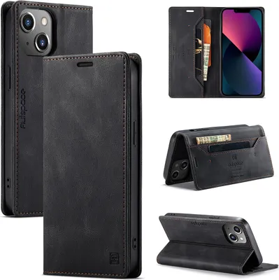 Produktbild von iPhone 14 Brieftasche Hülle, Retro Kunstledertasche Stand Schutzhülle für iPhone 14 Schwarz