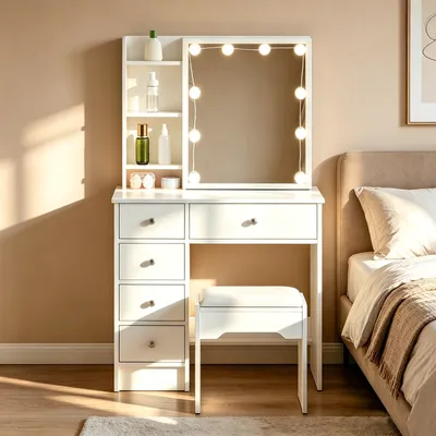Produktbild von CLIPOP Schminktisch mit LED Beleuchtung, 5 Schubladen Schminktisch mit Spiegel und Hocker für Schlafzimmer und Ankleidezimmer, Weiß 80 x 40cm