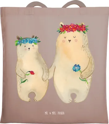 Produktbild von Mr. & Mrs. Panda Einkaufstüte Bären mit Blumenkranz - Braun Pastell - Geschenk, Kinder, Einkaufstasche, Tote Bag, Jutebeutel, Family, Mama, Lieblingsmensch, Schultasche