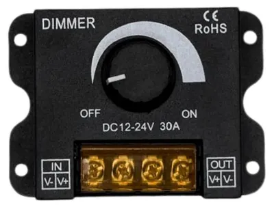 Produktbild von LED Dimmer 12V 24V DC – 1-Kanal Drehdimmer bis 30 A, Konstantspannung für leistungsstarke LED-Streifen