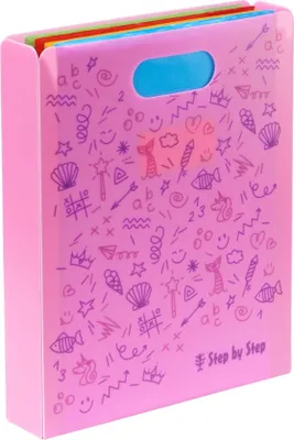 A pink file box with a handle, filled with colorful file folders, is shown against a white background. The box is decorated with various playful doodles.