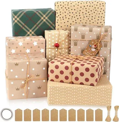Produktbild von Cadeaupapier Set mit 8 Schichten Inpakpapier mit 8 Mustern, 10 Cadeaulabels und 2 Rollen Schnur, ideal für Geburtstage, Weihnachten und besondere Anlässe.