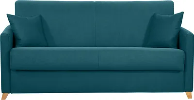 Produktbild von Miliboo - Skandinavische Schlafcouch entenblau aus hellem Holz mit Matratze 18 cm 3-Sitzer SKANDY