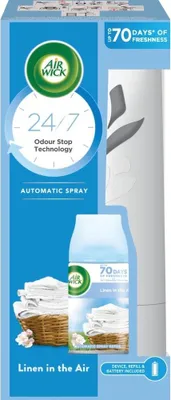The image shows the packaging of an Air Wick automatic spray air freshener.