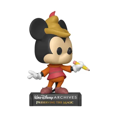 A Funko Pop! vinyl figure of Mickey Mouse dressed as a beanstalk climber, holding a pencil, standing on a base with text.