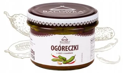 Zdjęcie produktu dla Ogóreczki z chili i czosnkiem Bacówka w zalewie octowo-olejowej, 220g