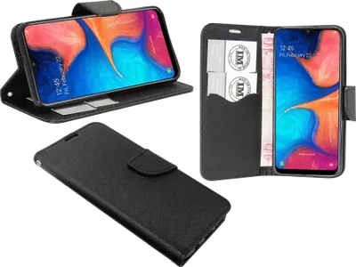 Produktbild von cofi1453® Buch Tasche "Fancy" kompatibel mit SAMSUNG GALAXY A20e (A202F) Handy Hülle Etui Brieftasche Schutzhülle mit Standfunktion, Kartenfach Schwarz