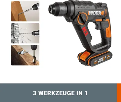 A collage showing a cordless hammer drill and three examples of its use: drilling into wood, drilling into a wall, and driving a screw.