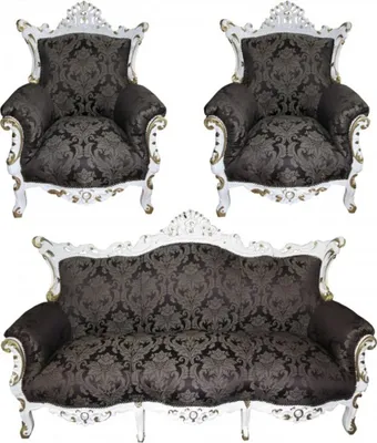 Produktbild von Casa Padrino Barock Wohnzimmer Set Schwarz Muster / Weiss/Gold - 3-er Sofa + 2 Sessel