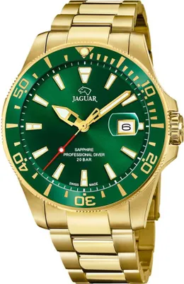 A close-up studio shot of a gold and green Jaguar watch.