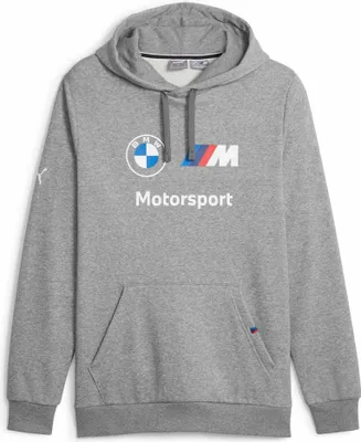 Produktbild von BMW M Motorsport Hoodie Logo Puma, Offizieller Fanartikel, Grauer Kapuzenpullover mit BMW und M Logo, Kängurutasche, Baumwoll-Polyester-Mix
