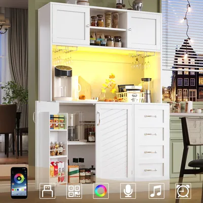 Image de Buffet moderne 120x40x188 cm avec éclairage LED, étagère à snacks et porte-boissons, armoire de cuisine à 4 portes et 2 tiroirs, blanc