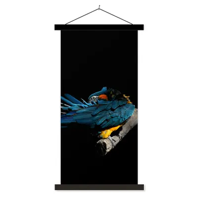 Produktbild von MuchoWow® Textilposter Vogel - Federn - Zweig - Schwarz 40x80 cm mit schwarzem Rahmen - Wandemalerei