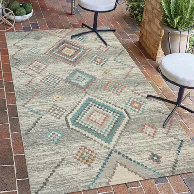 Image de Tapis d'intérieur et d'extérieur à motifs géométriques crème-vert Taille - 80 x 300 cm