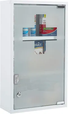 Produktbild von Theo&Cleo Medizinschrank Abschließbar Hängend, Erste Hilfe Schrank, Arzneischrank aus Edelstahl, Wand-Medizinbox 48 x 27 x 12 cm (Weiß - 3 Schichten)