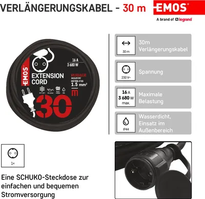 Obrázok produktu pre Predlžovací kábel EMOS 30 m Schuko, gumový predlžovací kábel na vonkajšie použitie (IP44), H07RN-F3G 1,5 mm2, P01830