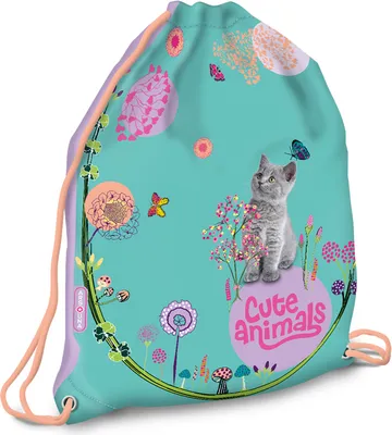Immagine prodotto di Ars Una borsa per scarpe per bambini, scuola e asilo, borsa sportiva, zaino da ginnastica, borsa da palestra, animali carini - gattino, verde-rosa, per ragazze
