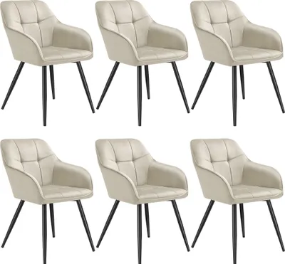 Six beige upholstered dining chairs with black legs are arranged in two rows of three against a white background.