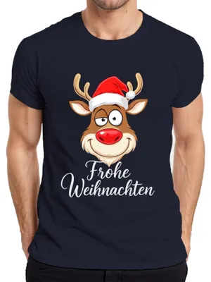 Produktbild von Frohe Weihnachten Rentier Rudolph Weihnachtsmütze Lustig Cartoon Herren T-Shirt, Navy, XL