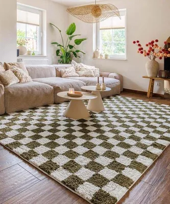 Produktbild von Unyqoos® Teppich Check – Checkerboard-Design, Elfenbein/Olivgrün, 300x400, 30 mm Florhöhe