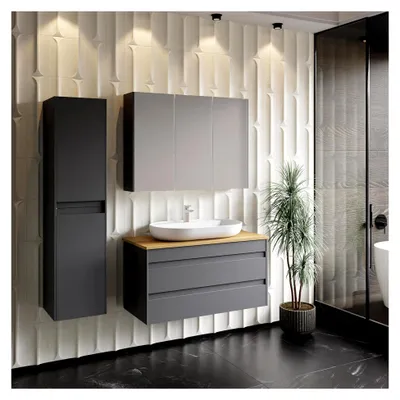 Produktbild von Badezimmermöbel Set Lara Konsole 100 Anthrazit | Keramikwaschbecken | Unterschrank | Spiegelschrank | Softclose-Schubladen und -Türen | Moderner Stil | Badmöbel Waschtisch
