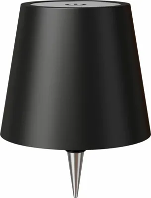 A black cone-shaped lamp with a silver spike base, isolated on a white background.