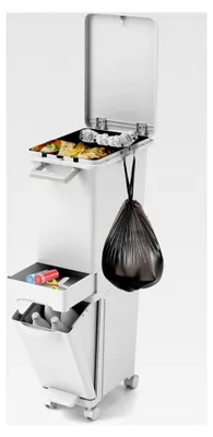 Produktbild von Mülleimer Küche 3 Fächer, 32 L mit Deckel & Pedal, Tretmülleimer auf Rädern, Abfallbehälter mit Schublade & neigbarem Behälter, 3 in 1 Mülltrennsystem mit Aufkleber, Weiß